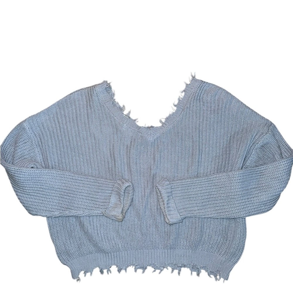 Jessica Simpson Light Blue Cropped Distressed V-Neck Sweater Medium